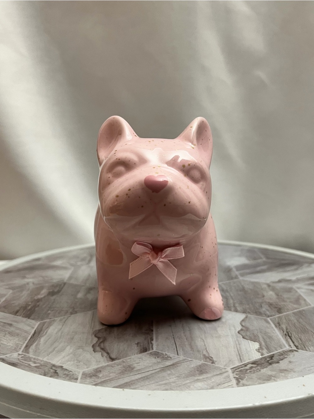 Pink Ceramic French Bulldog Dog Planter Gold Speckled Bow Indoor Plant Pot